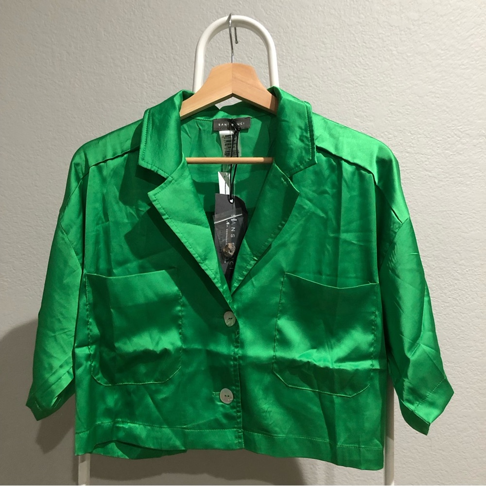 Cropped Satin Button-Front Shirt - Sans Souci - Picture 2 of 9